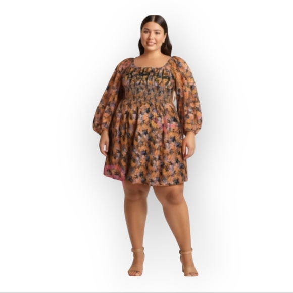 WRAY NYC Smocked Floral Midi Dress Plus Size 4X Puff Sleeve Curvy Fit - Picture 11 of 11